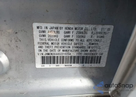 2005 Honda Accord Hybrid Ima from USA, damaged, VIN JHMCN36445C016054